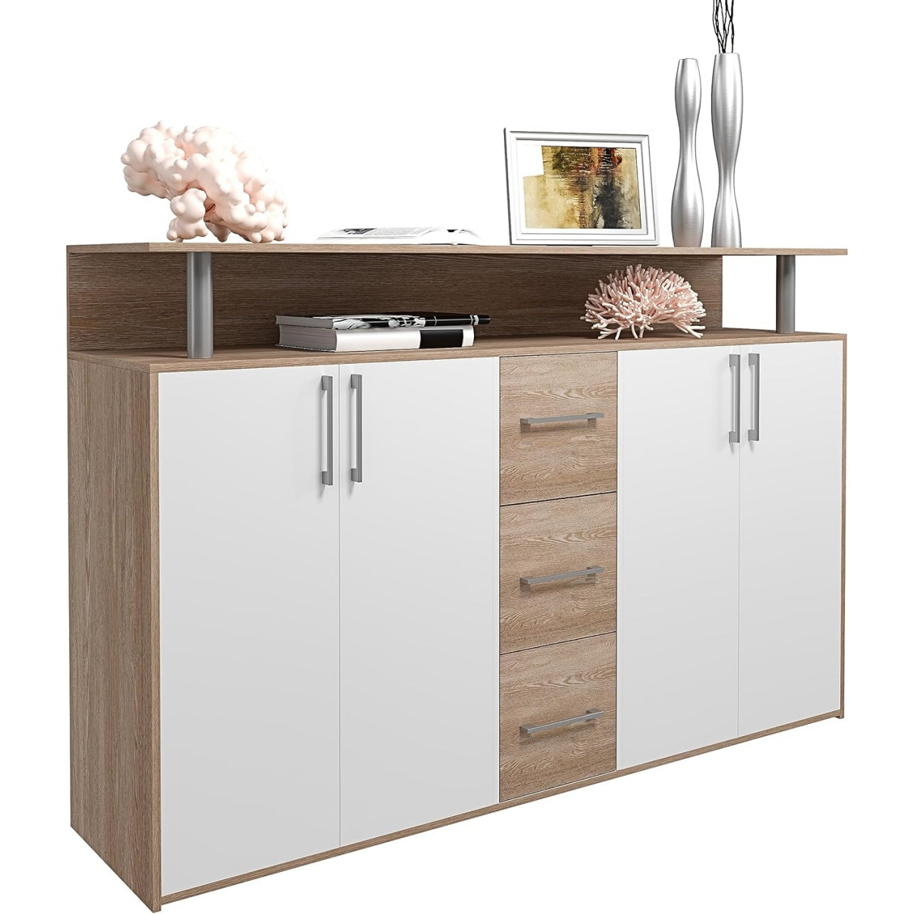 Credenza Moderna con 3 Cassetti 4 Ante e Ripiano Aperto Bianc