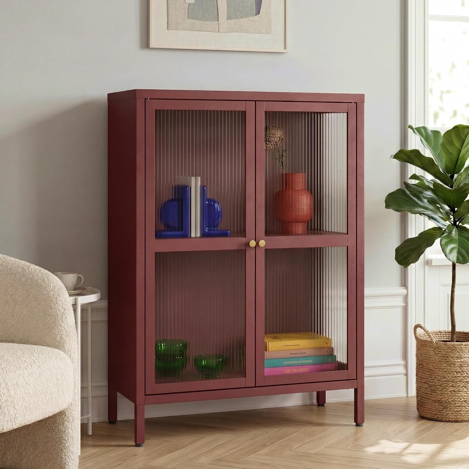 Credenza in Acciaio con Ante in Vetro Scanalato e Scomparto Interno